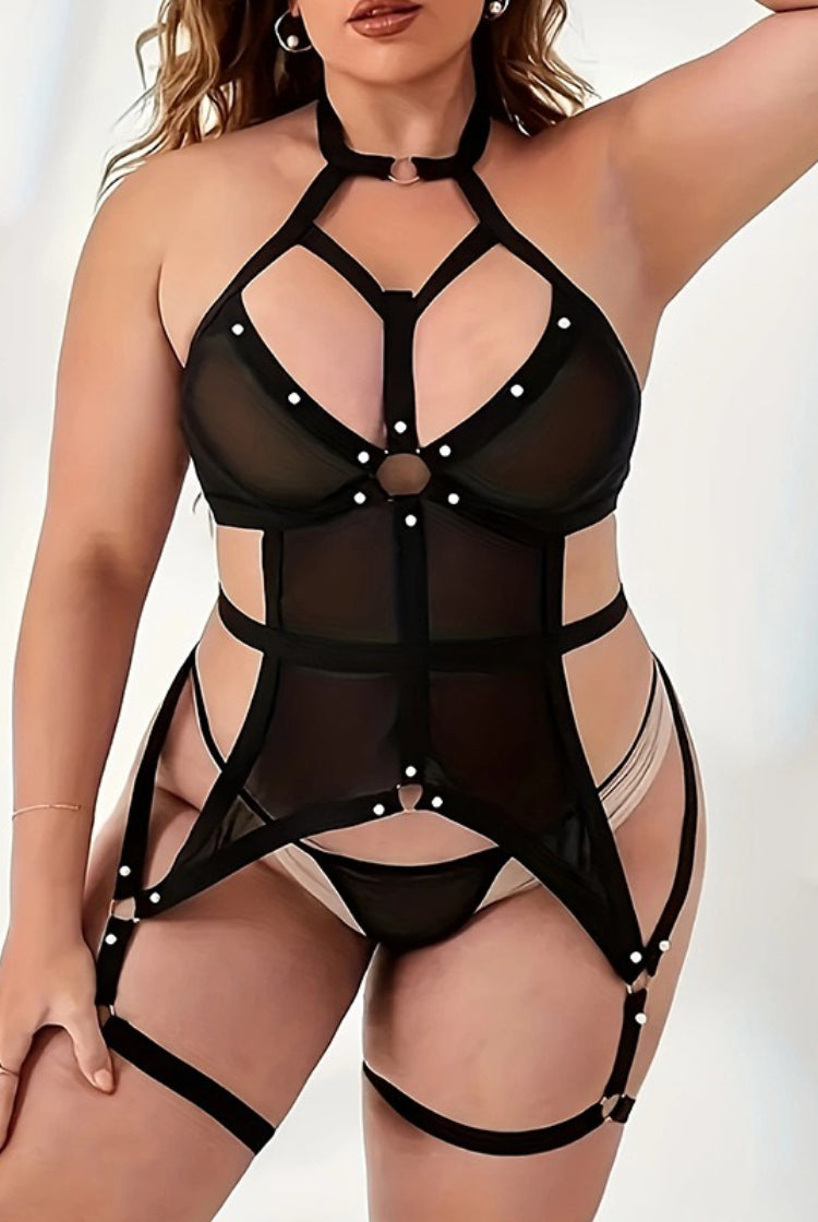 Sexy Lace Sheer Mesh Teddy Lingerie with Rivet & Bandage Design