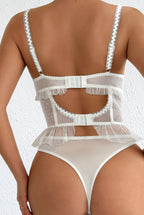 Women's Pastoral Floral Embroidery White Lace Lace-Up Waist Cincher Sexy Lingerie Set