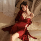 Satin Slip Robe Set Padded Deep V Backless Sexy