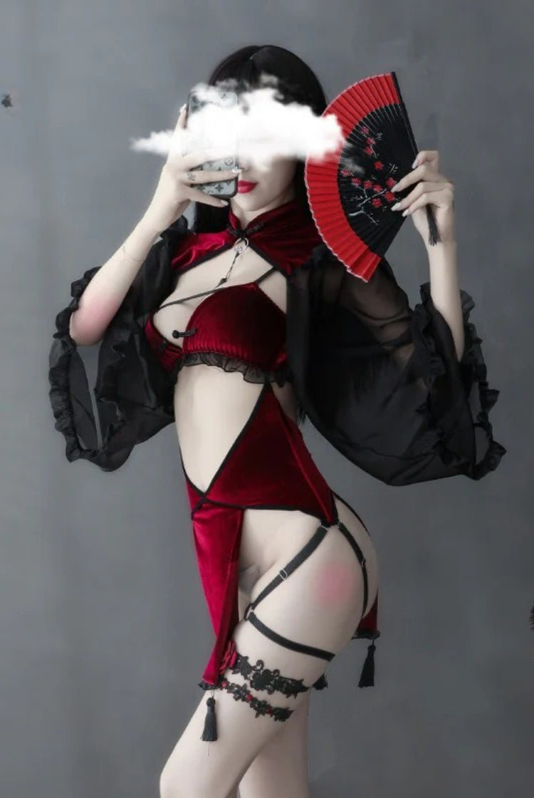 Dark Witch Cutout Silk Sleeve Cheongsam Lingerie Set