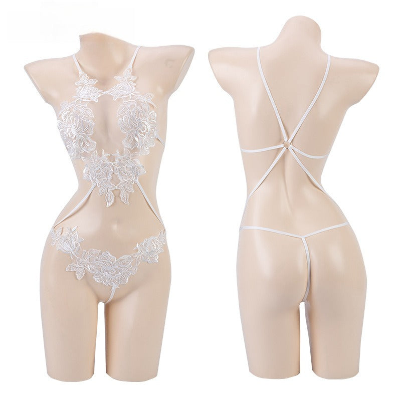 Sexy Floral Sheer Three-Point Bodysuit Pajama & Robe Uniform Lingerie Set