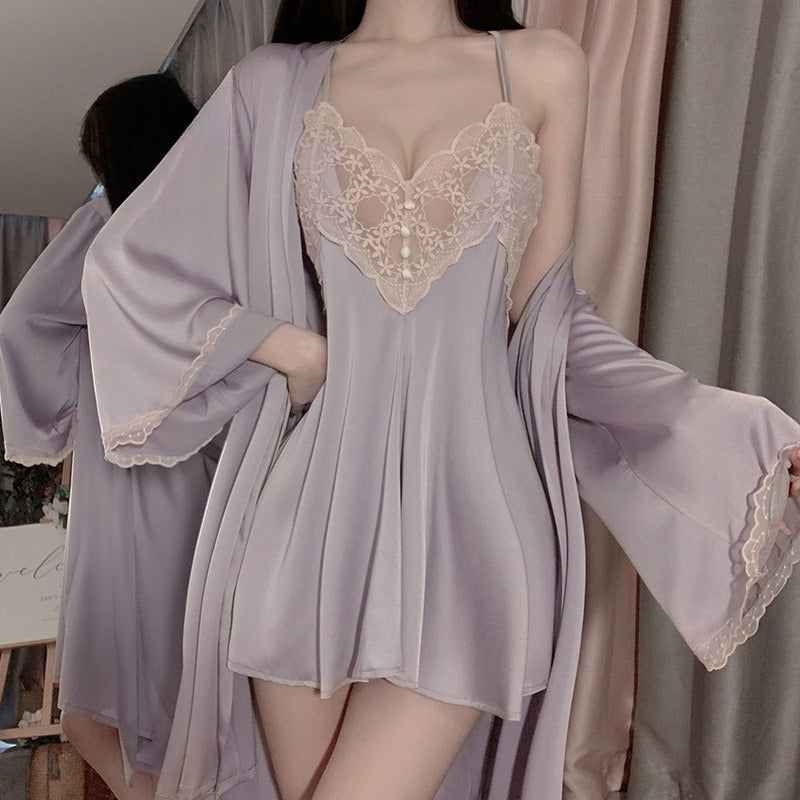 Loose Solid Backless Cami Robe Set Soft Loungewear