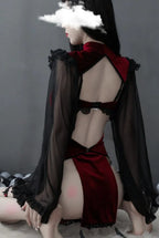 Dark Witch Cutout Silk Sleeve Cheongsam Lingerie Set