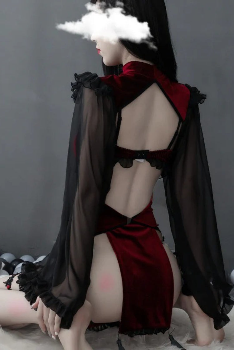 Dark Witch Cutout Silk Sleeve Cheongsam Lingerie Set