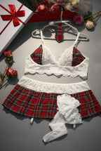 Plus Size Transparent Lace Bra & Plaid Pleated Skirt Uniform Set