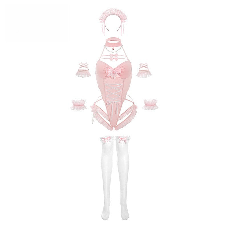 Pearl Sweetheart Halter Neck Cutout Open Crotch Bodysuit Set