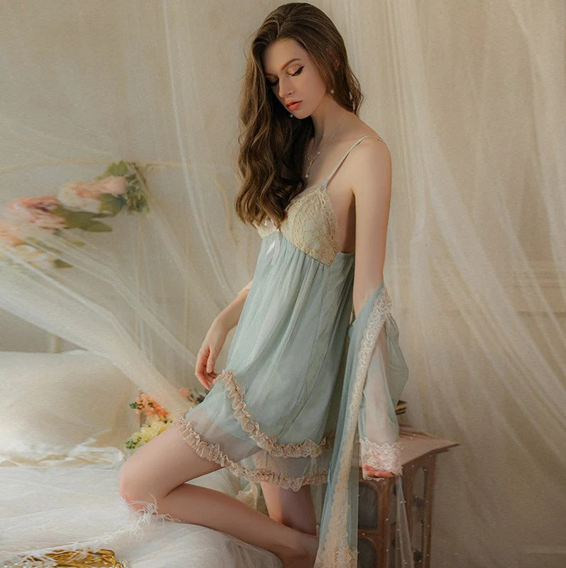 Mesh Lace Padded Deep V Strappy Robe Set Sexy Lingerie