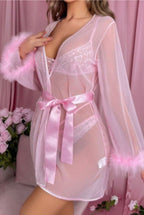 Women's Christmas Costume Sheer Lace Uniform Robe Bra Lingerie 3 Piece Set