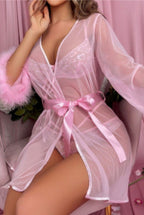 Women's Christmas Costume Sheer Lace Uniform Robe Bra Lingerie 3 Piece Set