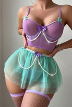 Women's Sexy Beaded Chain Bow Bra Lace Mini Skirt Thong 3 Piece Lingerie Set