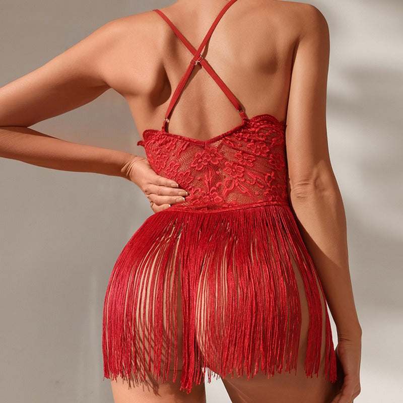 Tassel Sheer Lace Slip Set Deep V Backless Lingerie