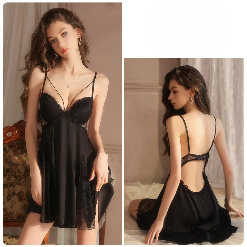 Satin Slip Robe Set Padded Deep V Backless Sexy