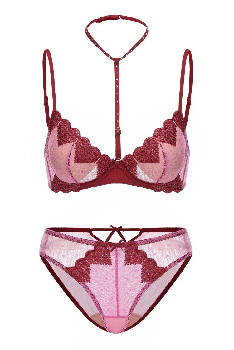 French Sheer Halter Bra Set Heart Embroidery Push Up
