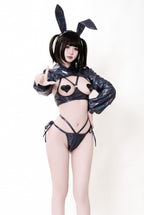 Cyberpunk Holographic Bunny Girl Cosplay Lingerie Set - Pink Iridescent Roleplay Outfit with Nipple Covers