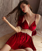 Velvet Padded Deep V Backless Lace Robe Fall Winter