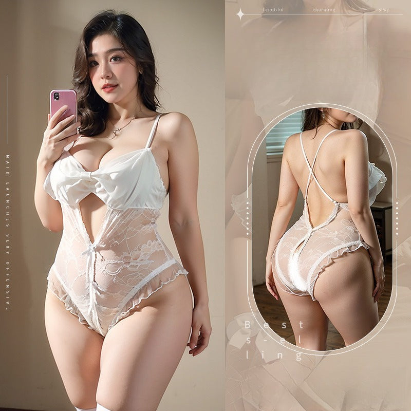 Bow Front Lace Crotchless Bodysuit