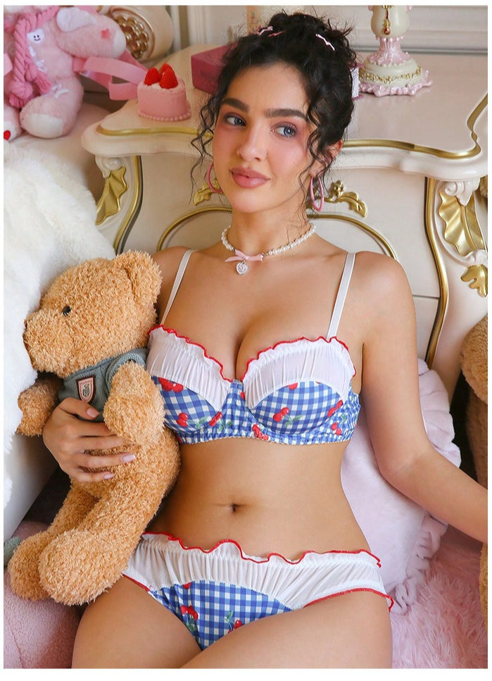 Blue White Gingham Cherry Bra and Panty