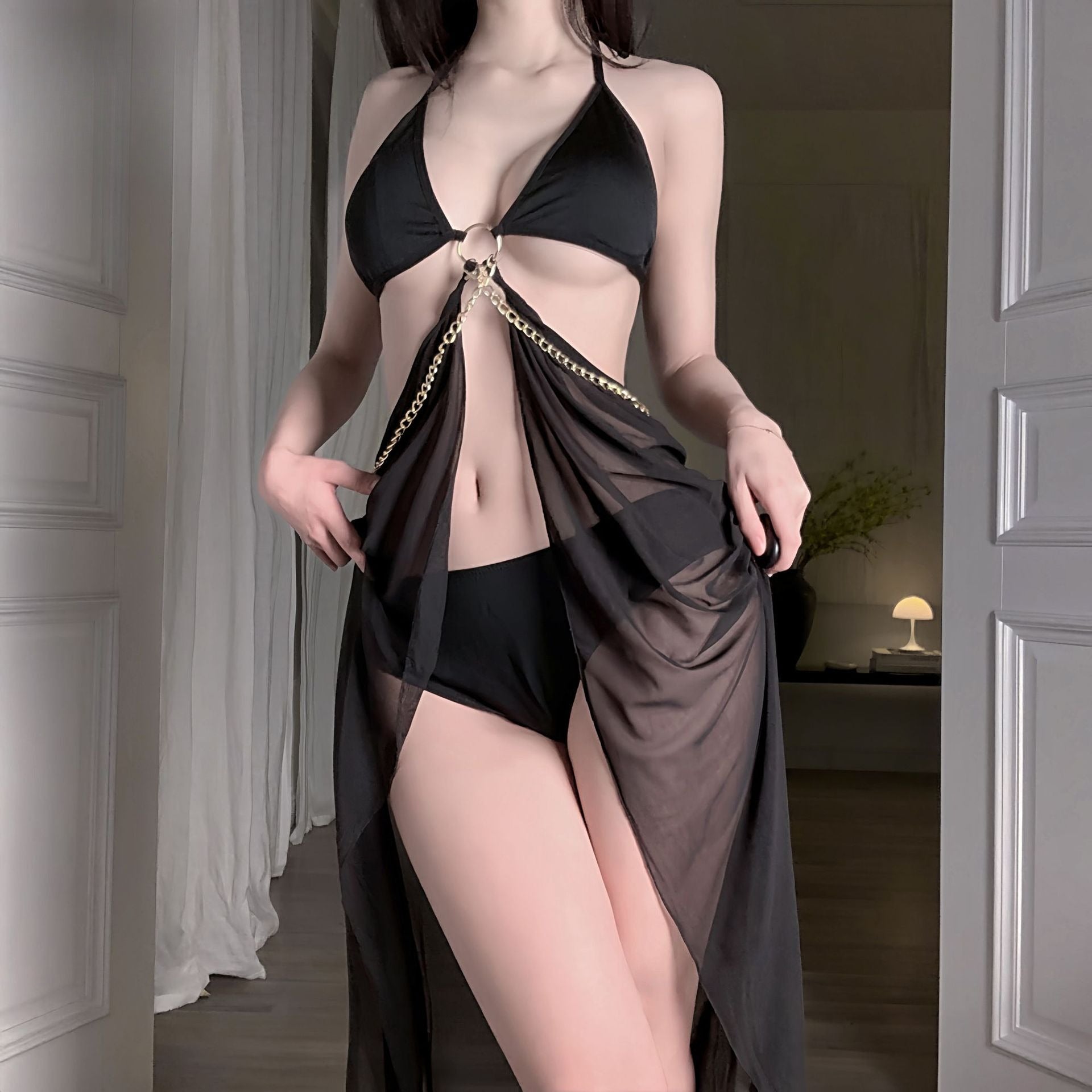 Halter Bikini Set Vacation Sheer Stockings Sexy Low Cut