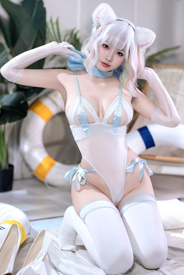 Cat Ear Anime Cutout Cup Open Crotch Bodysuit Lingerie Set