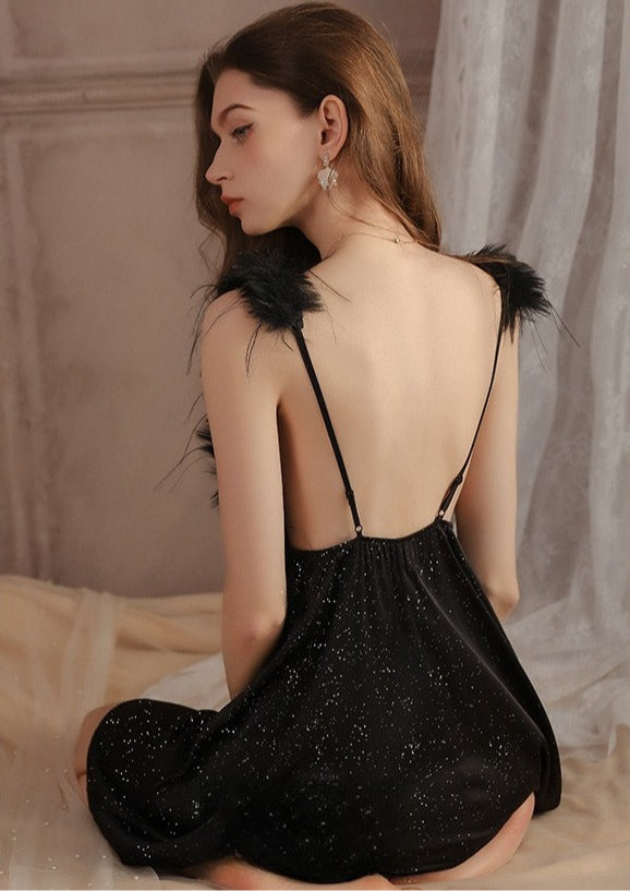 Feather Glitter Coquette Slip Robe Set