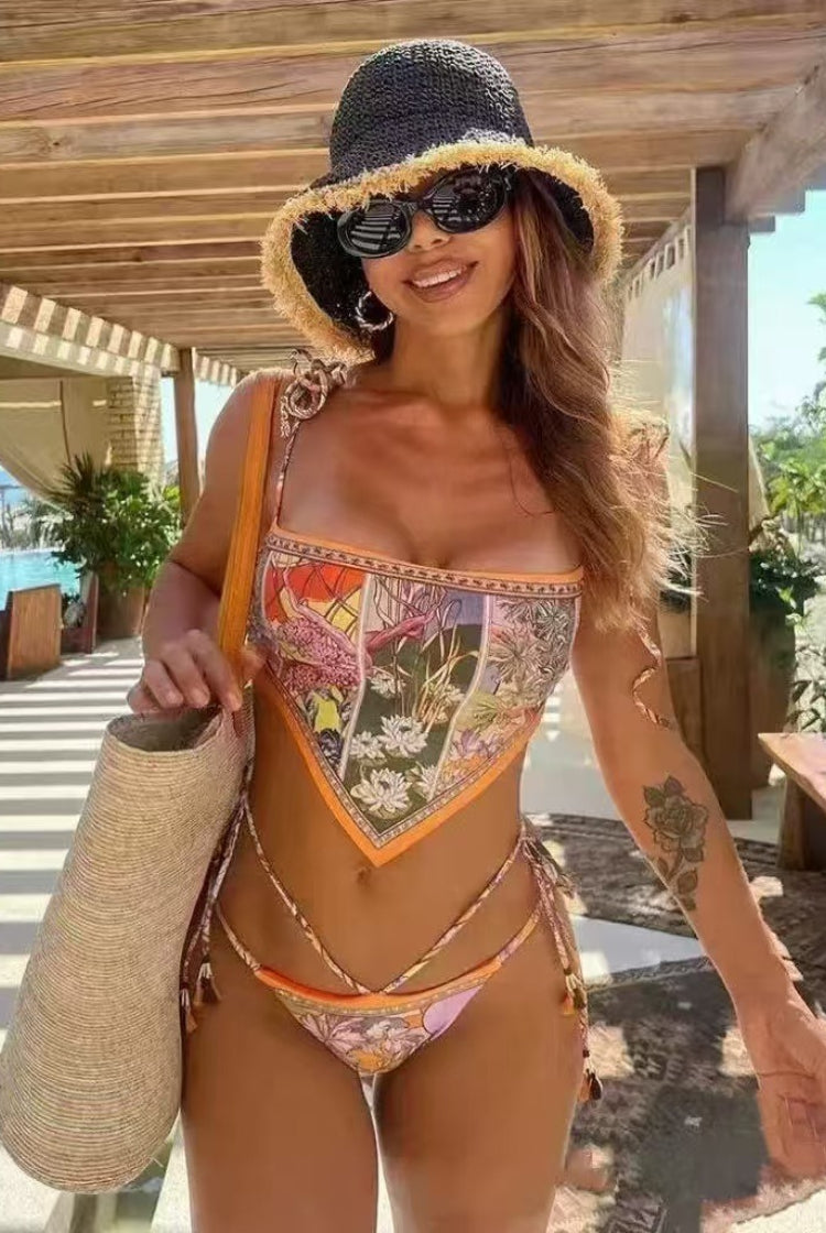 New European Style Printed Spaghetti Strap Two Piece Bikini