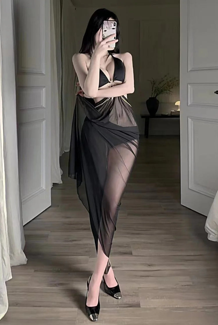 Halter Bikini Set Vacation Sheer Stockings Sexy Low Cut