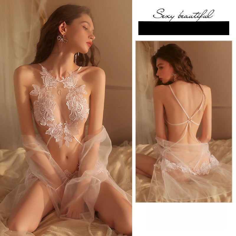 Sexy Floral Sheer Three-Point Bodysuit Pajama & Robe Uniform Lingerie Set