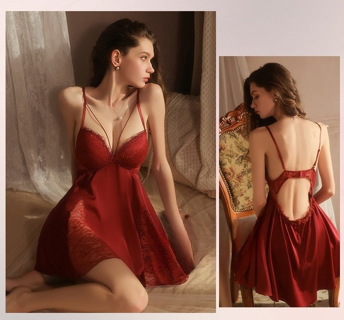 Satin Slip Robe Set Padded Deep V Backless Sexy