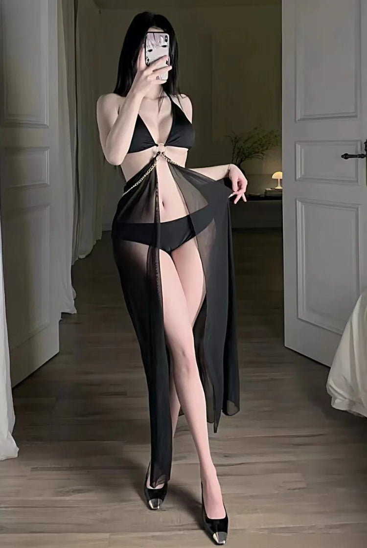 Halter Bikini Set Vacation Sheer Stockings Sexy Low Cut