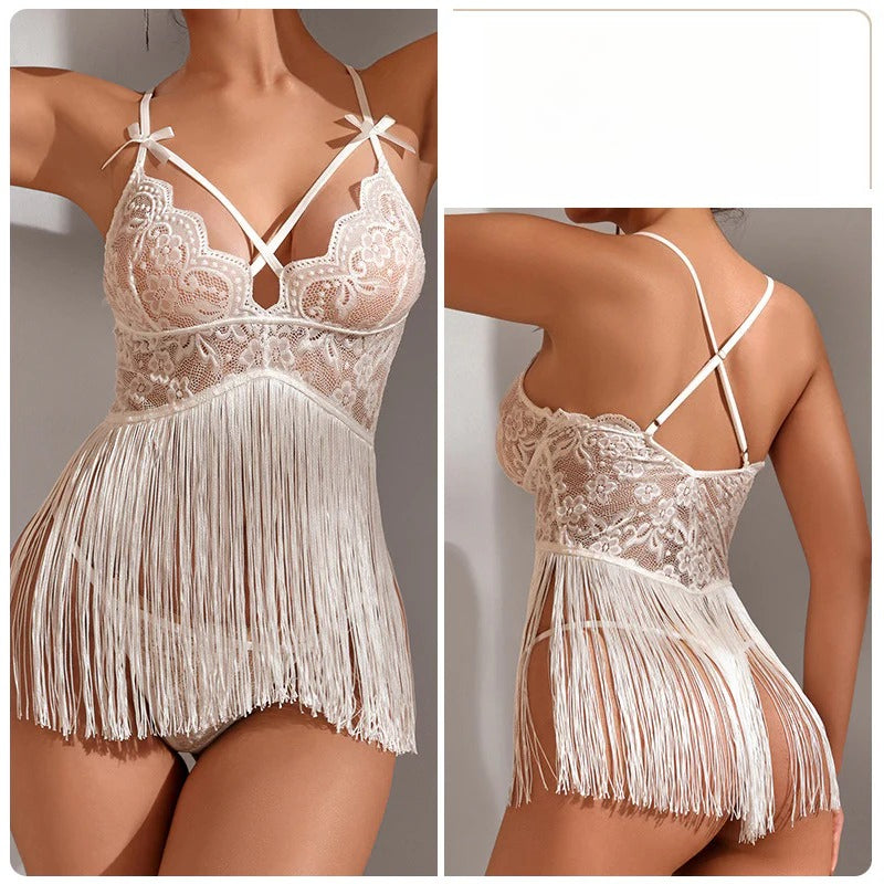 Tassel Sheer Lace Slip Set Deep V Backless Lingerie