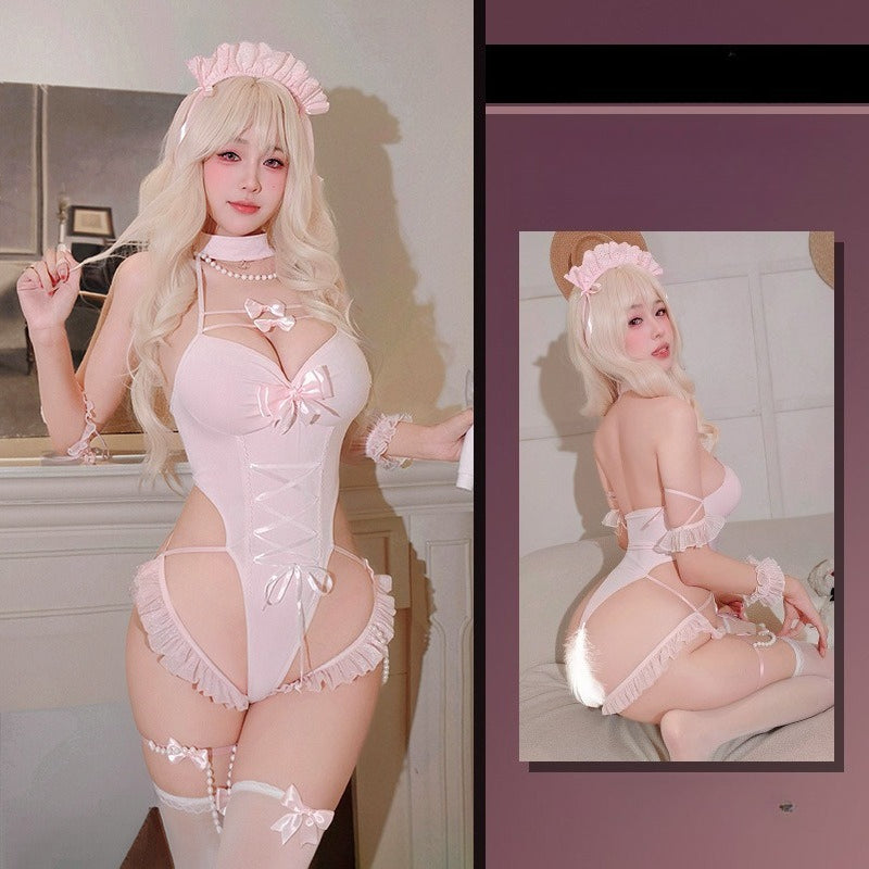 Pearl Sweetheart Halter Neck Cutout Open Crotch Bodysuit Set