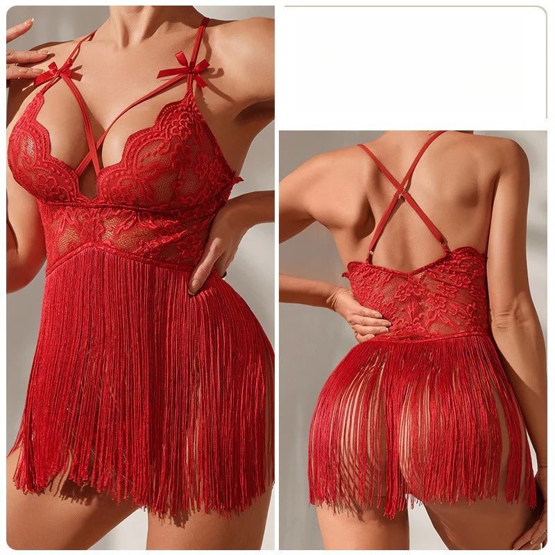 Tassel Sheer Lace Slip Set Deep V Backless Lingerie