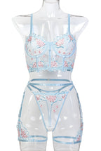 Russian Hot Sale Blue & Pink Color Matching Lingerie Set with Waistband Three-Piece