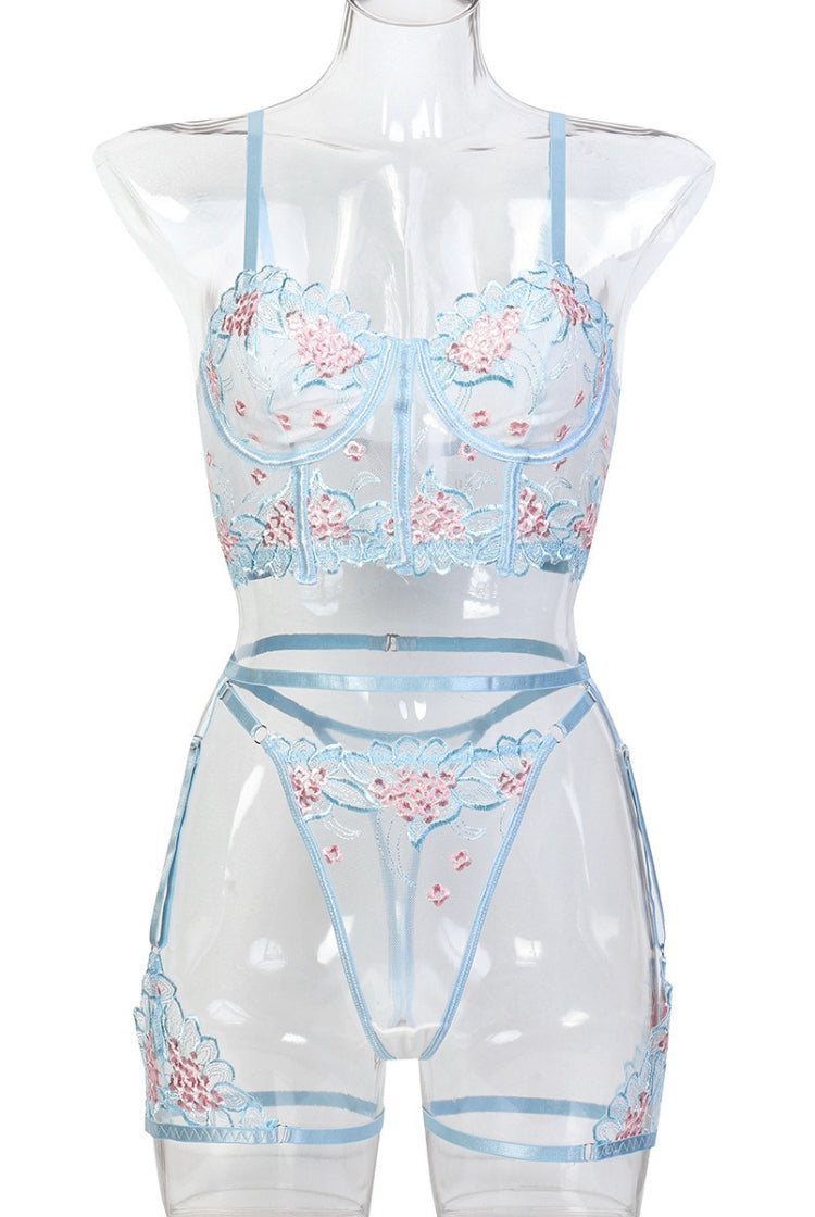 Russian Hot Sale Blue & Pink Color Matching Lingerie Set with Waistband Three-Piece