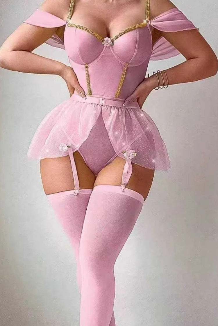 Shiny Bodysuit Tutu Skirt Fishnet Socks Lingerie Set