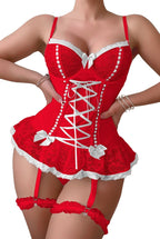 Women's Cute Sheer Lace Bow Tie Leg Ring One Piece Lingerie Set