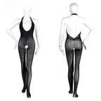 Lace Halter Backless Open Crotch Bodystocking Erotic Lingerie Deep V Plunge Plus Size Black Sheer Stockings
