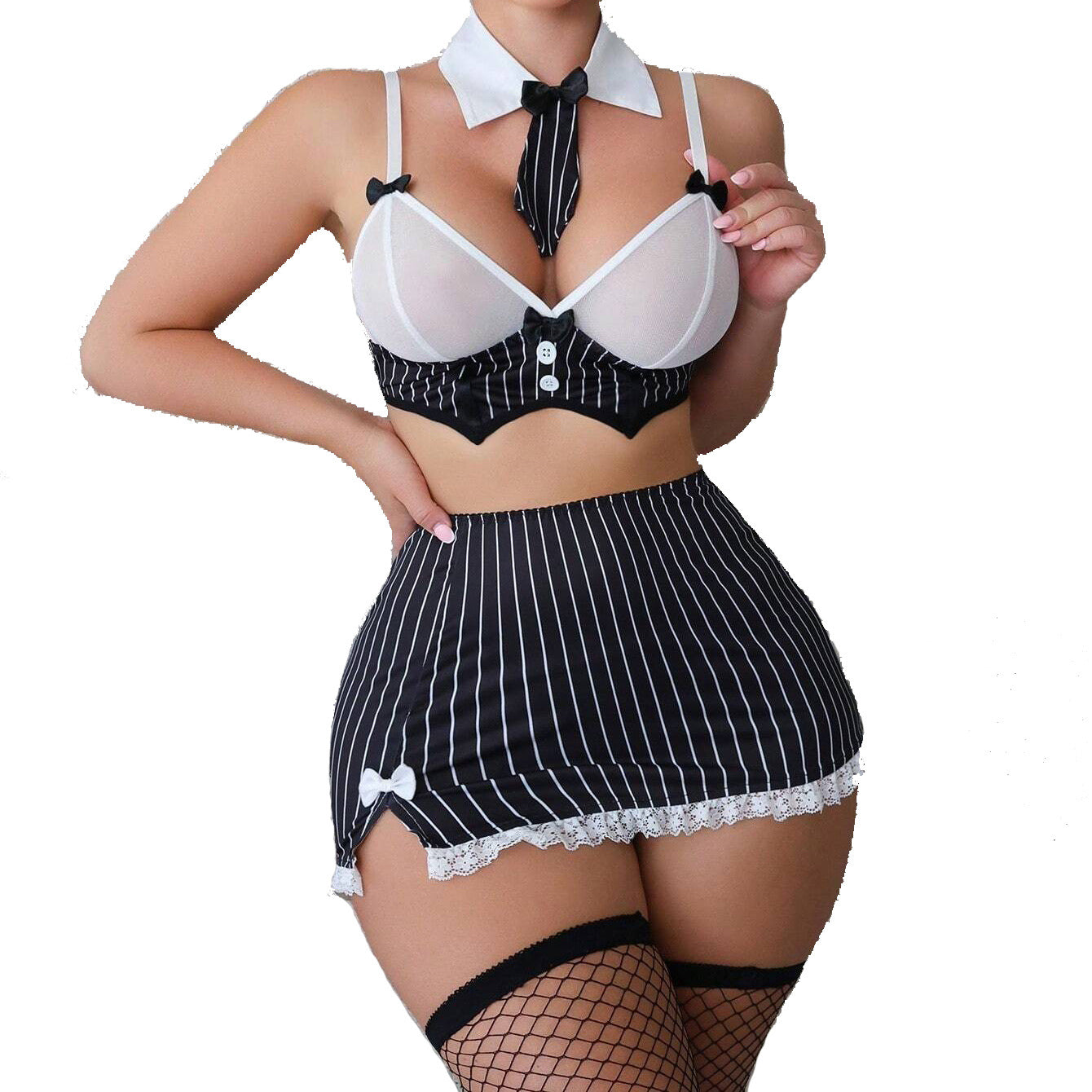 Women's Sexy Striped Bow Mini Skirt Uniform Lingerie Set