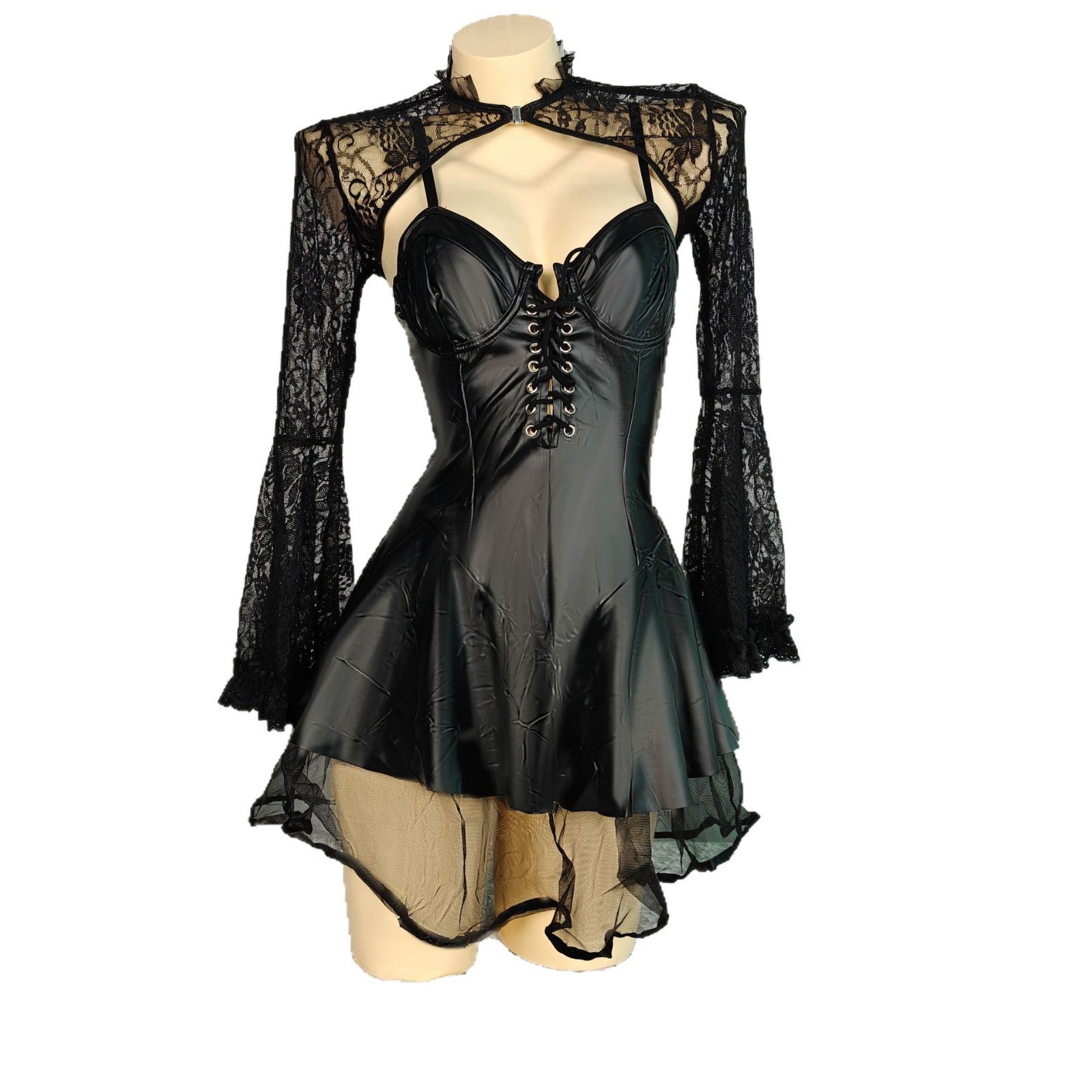 Women's Black Lace Flare Long Sleeve PU Lace-Up Slip Dress Set