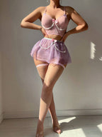 Women's Sexy Beaded Chain Bow Bra Lace Mini Skirt Thong 3 Piece Lingerie Set