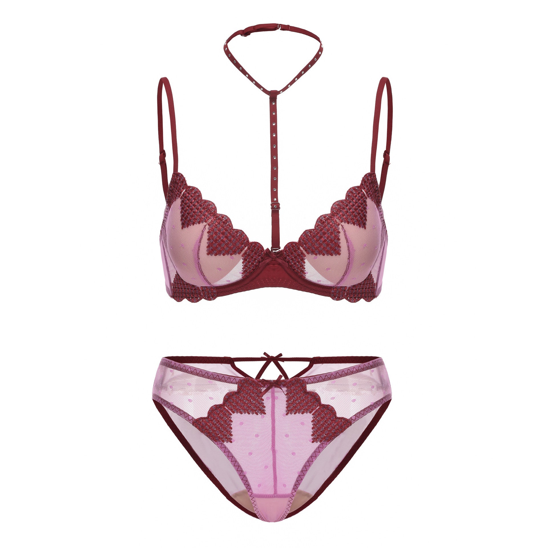 French Sheer Halter Bra Set Heart Embroidery Push Up