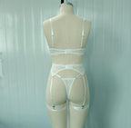 Women's Sexy Sheer White Lace Lingerie 3-Piece Set with Leg Rings