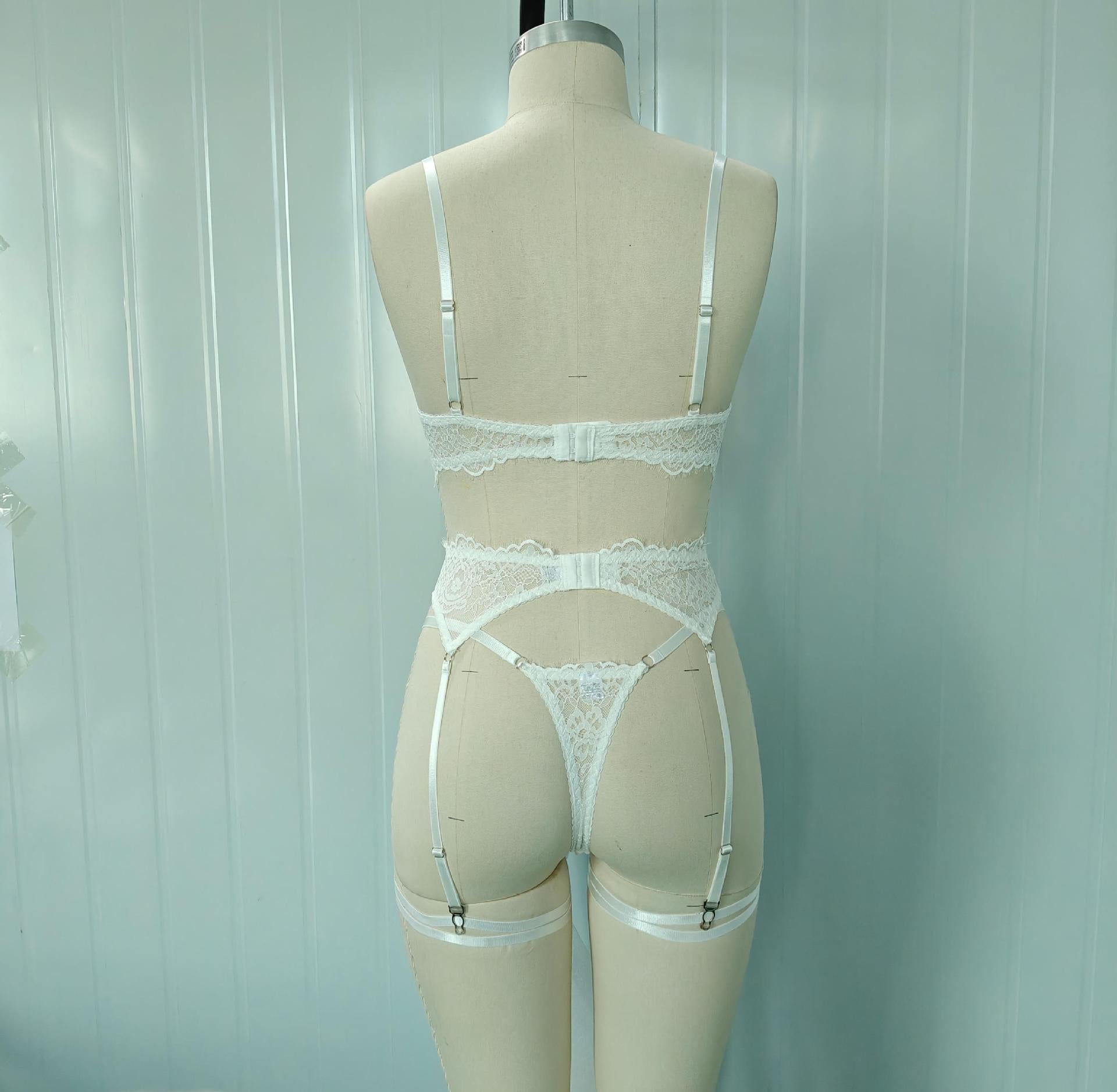 Women's Sexy Sheer White Lace Lingerie 3-Piece Set with Leg Rings