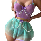 Women's Sexy Beaded Chain Bow Bra Lace Mini Skirt Thong 3 Piece Lingerie Set