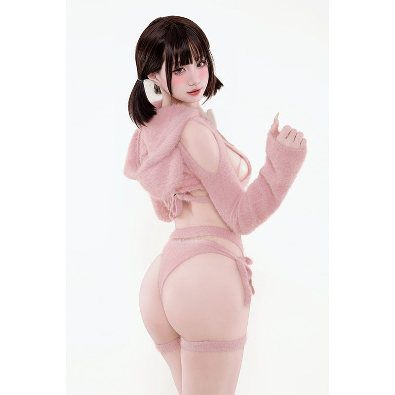 Pink Bear Mink Fur Cosplay Lingerie Set with Gloves & Socks