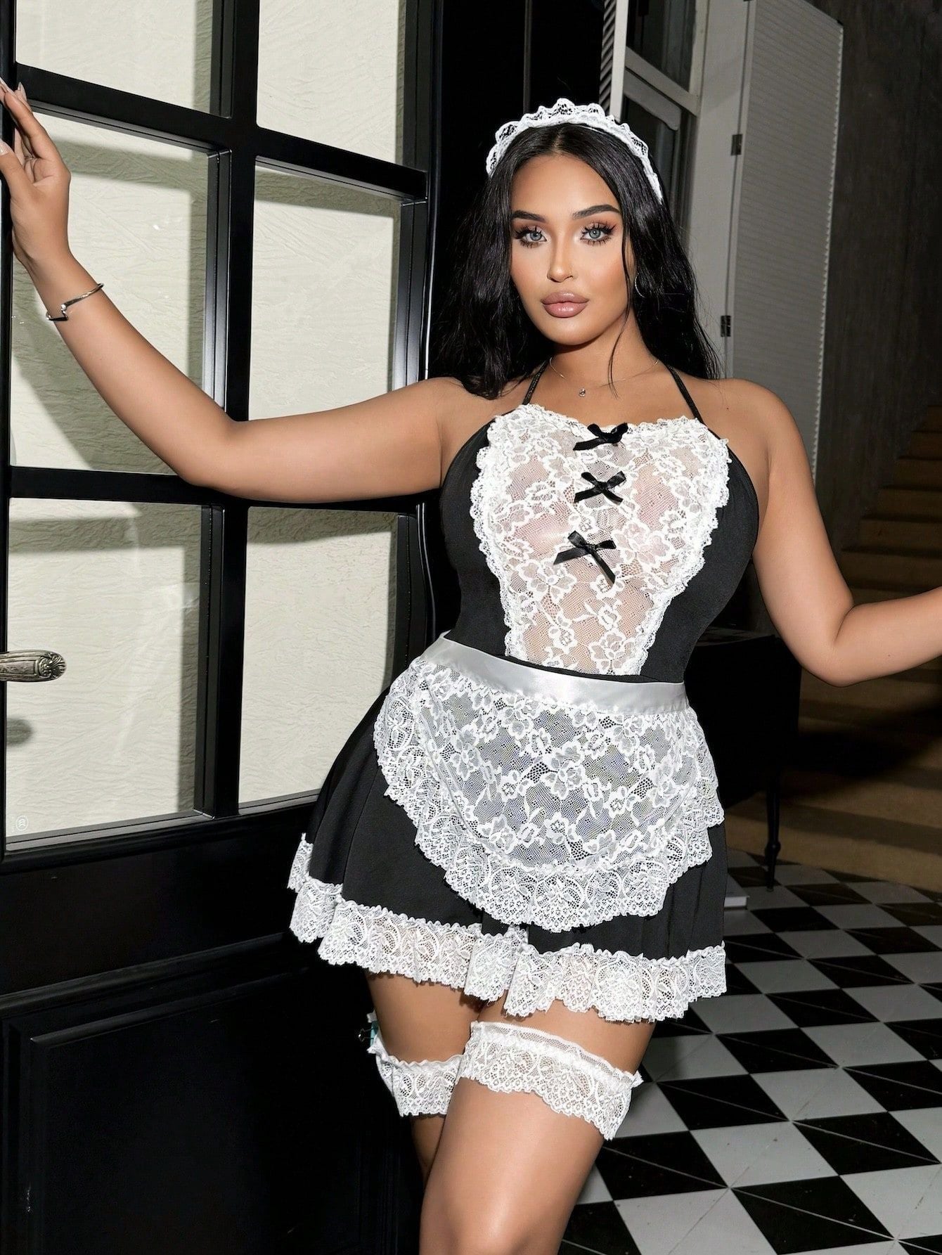 Plus Size Lace Halter Maid Costume 5-Piece Lingerie Set with Headwear