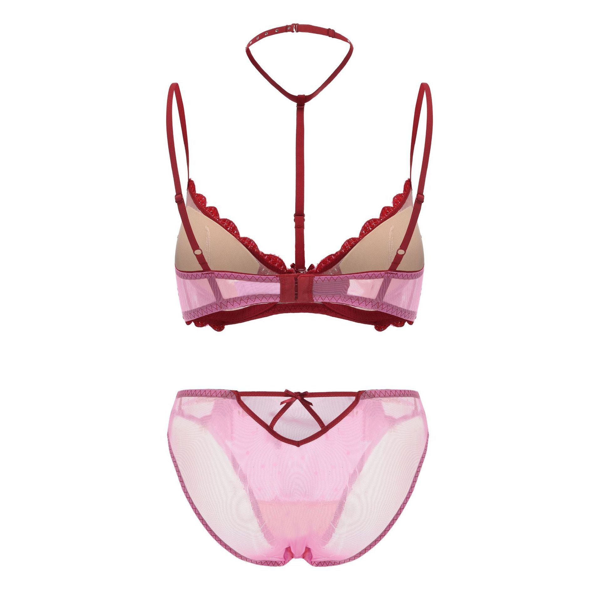 French Sheer Halter Bra Set Heart Embroidery Push Up