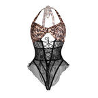 Sheer Lace Halter Backless Leopard Open Crotch Lingerie