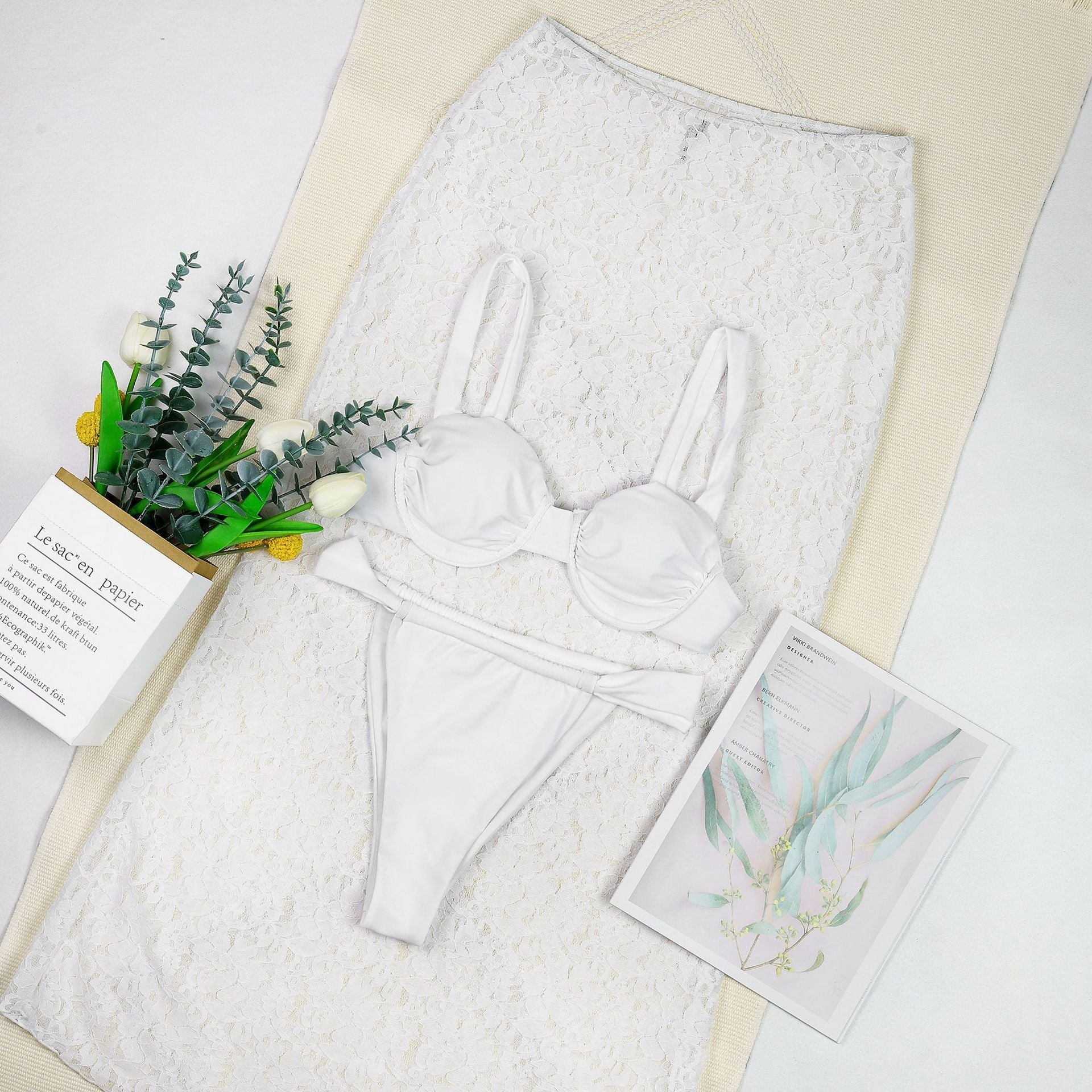 White Three-Piece Sexy Lace Bikini Set with Long Skirt Cover Up