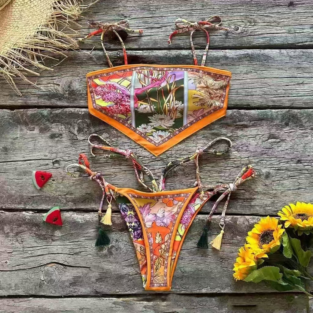 New European Style Printed Spaghetti Strap Two Piece Bikini